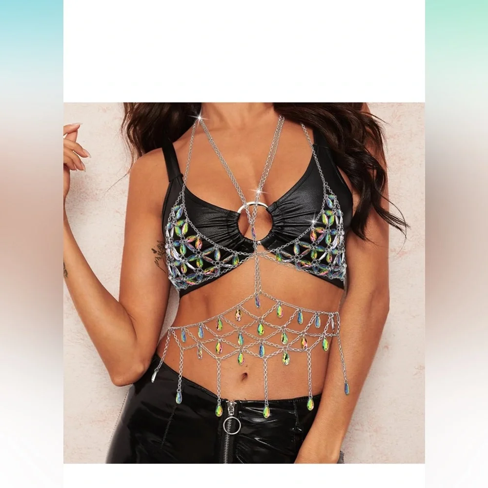 Rave crystal brought top body chain, harness swimwear, add-on